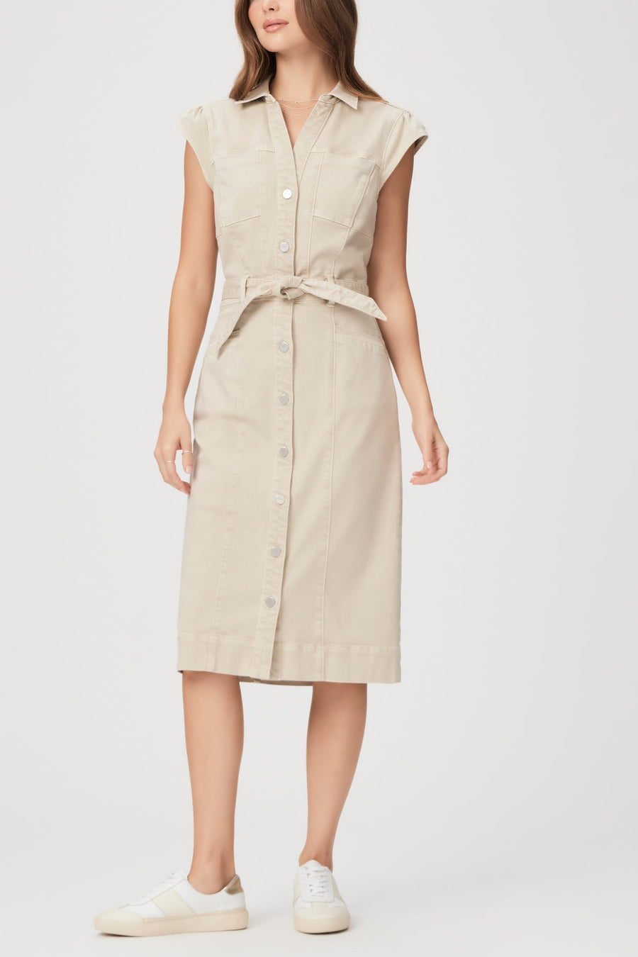 Paige Jaxsyn Midi Dress in Vintage Warm Sand – back view
