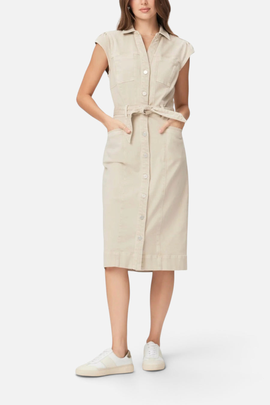 Paige Jaxsyn Midi Dress in Vintage Warm Sand – front view