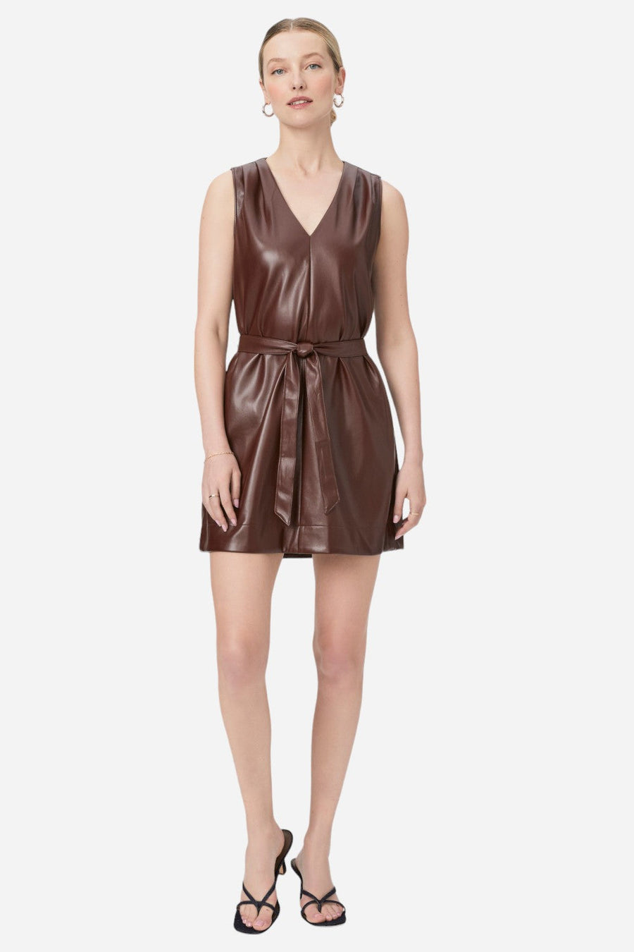 Paige Luisa Dress in Rum Raisin Faux Leather – front view