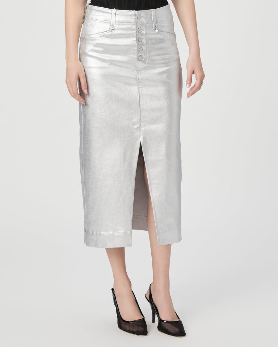 Paige Meadow Midi Skirt in Platinum Silver Luxe Coating – back view