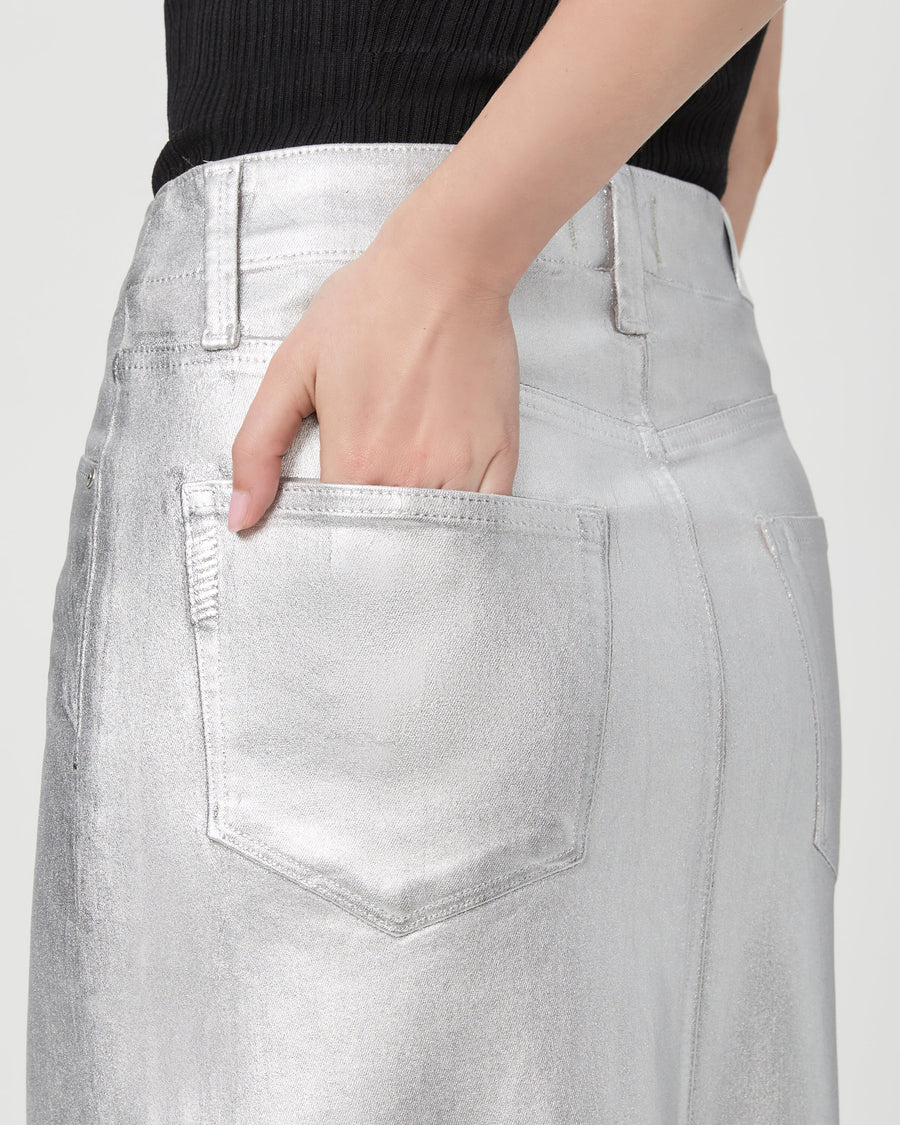 Paige Meadow Midi Skirt in Platinum Silver Luxe Coating – flat lay