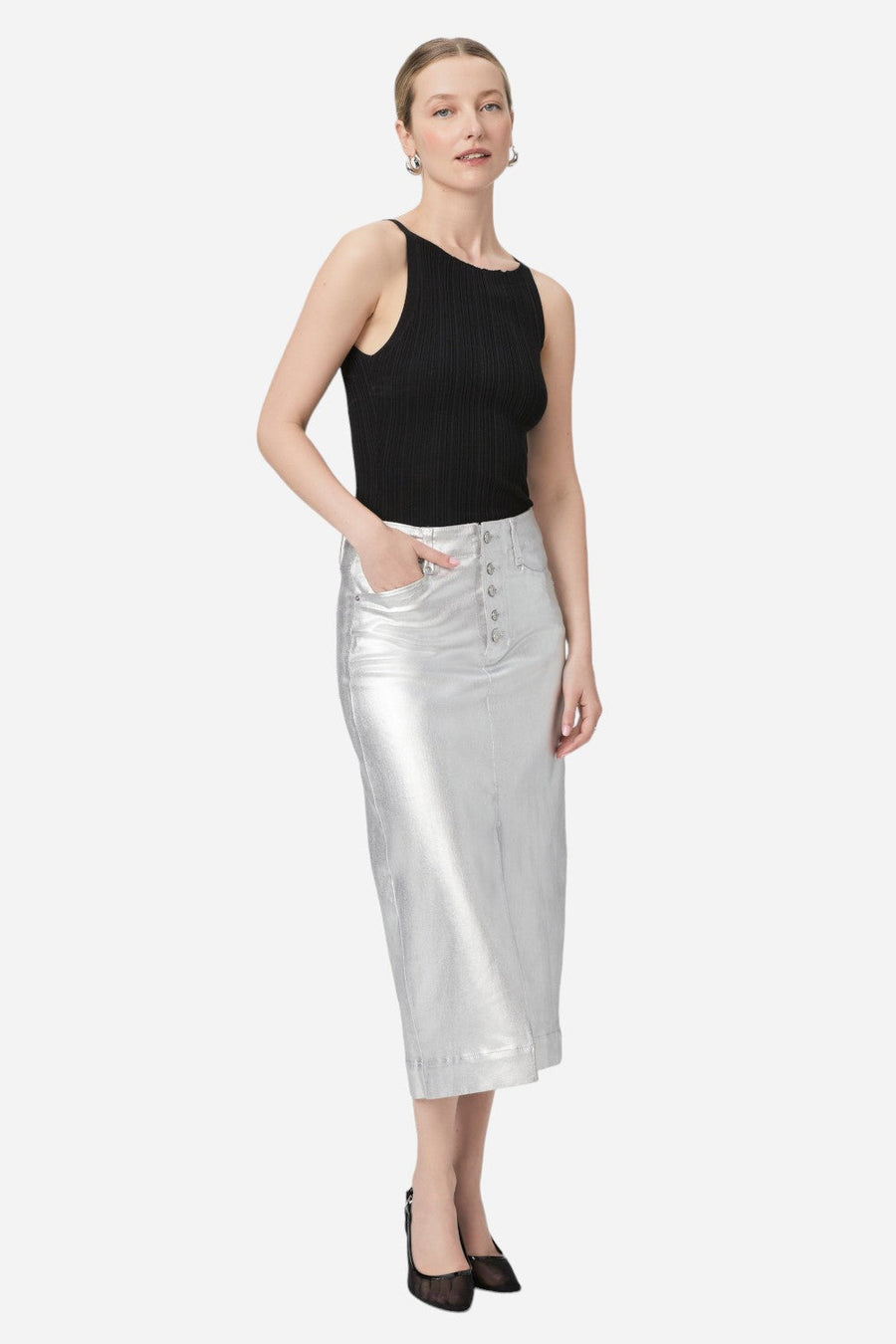Paige Meadow Midi Skirt in Platinum Silver Luxe Coating – front view
