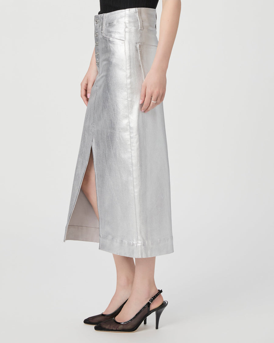 Paige Meadow Midi Skirt in Platinum Silver Luxe Coating – side view