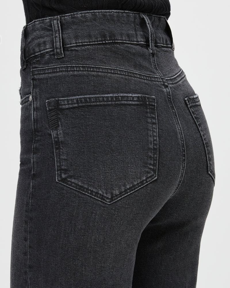 Paige Sasha 32in Pants in Viper Black Distressed – flat lay
