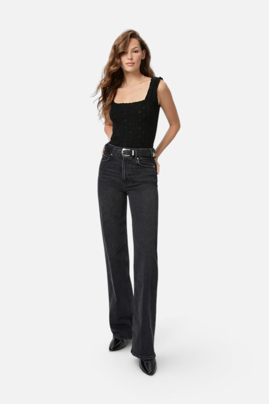 Paige Sasha 32in Pants in Viper Black Distressed – front view