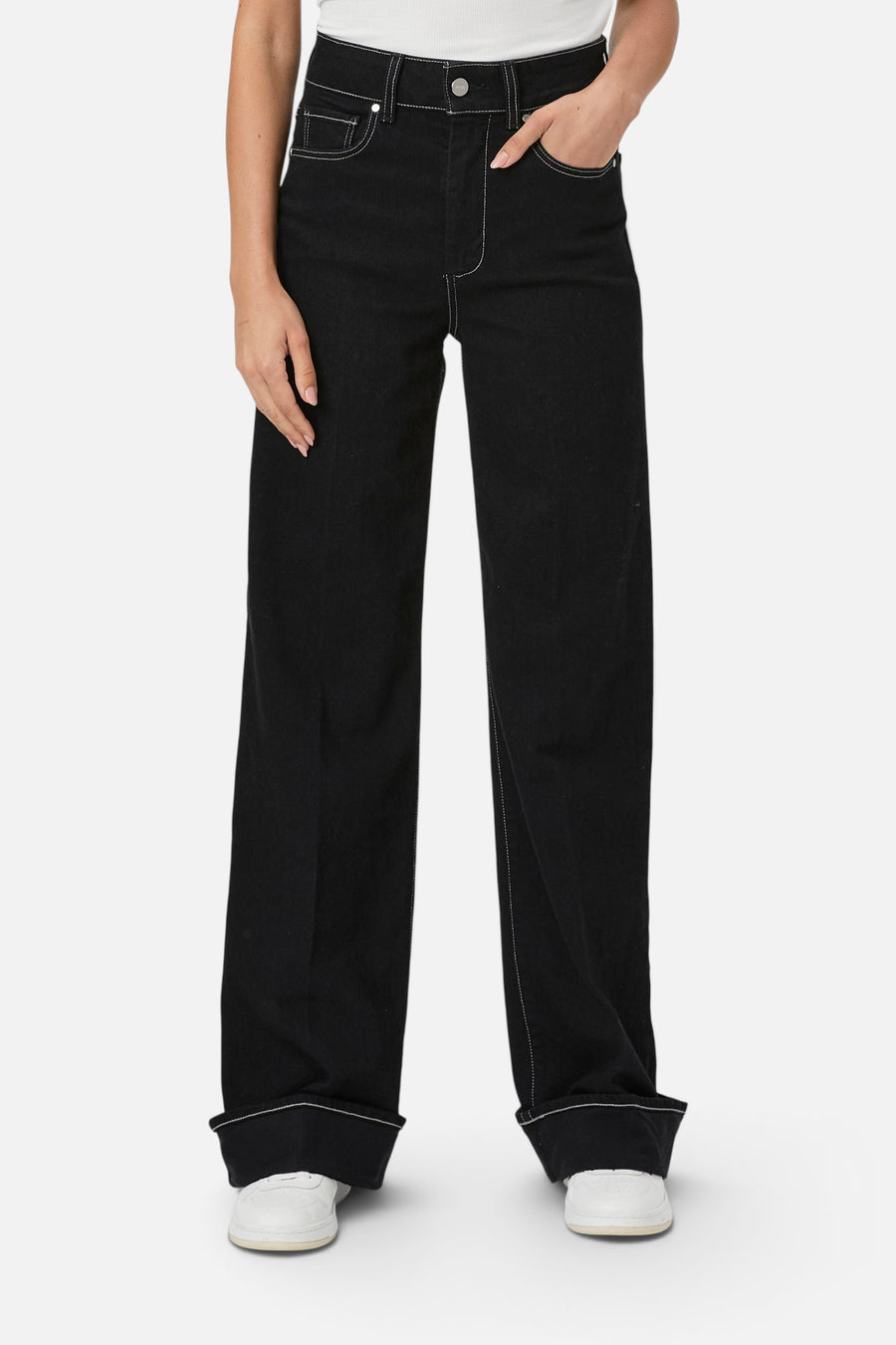 Paige Sasha Wide Cuff Jean in Twilight Black – back view