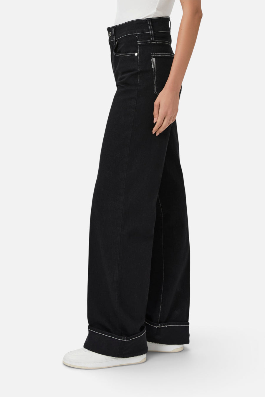 Paige Sasha Wide Cuff Jean in Twilight Black – side view