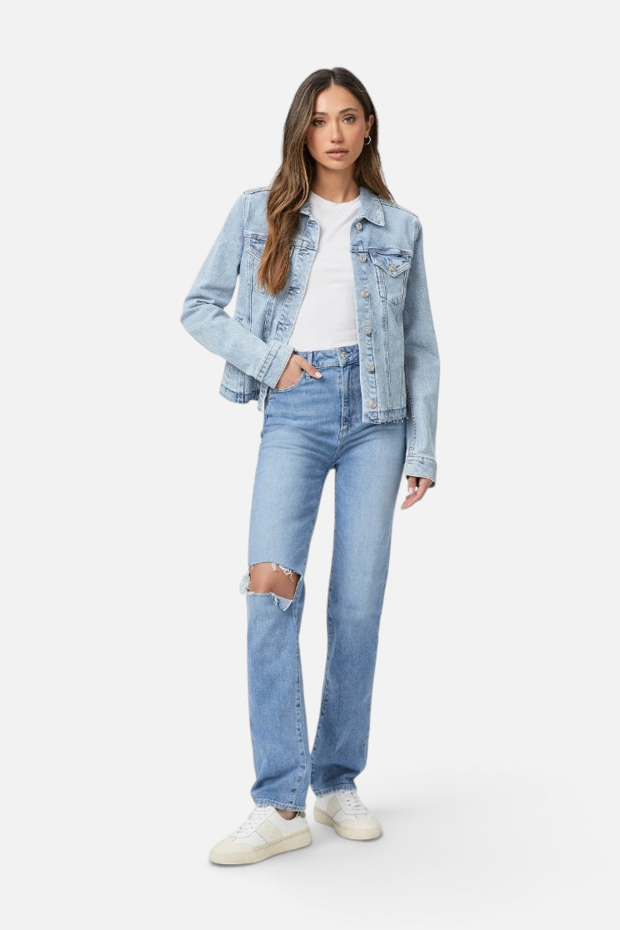 Paige Stella 31" Seamed Beltloops Jean in Azra Destructed – back view