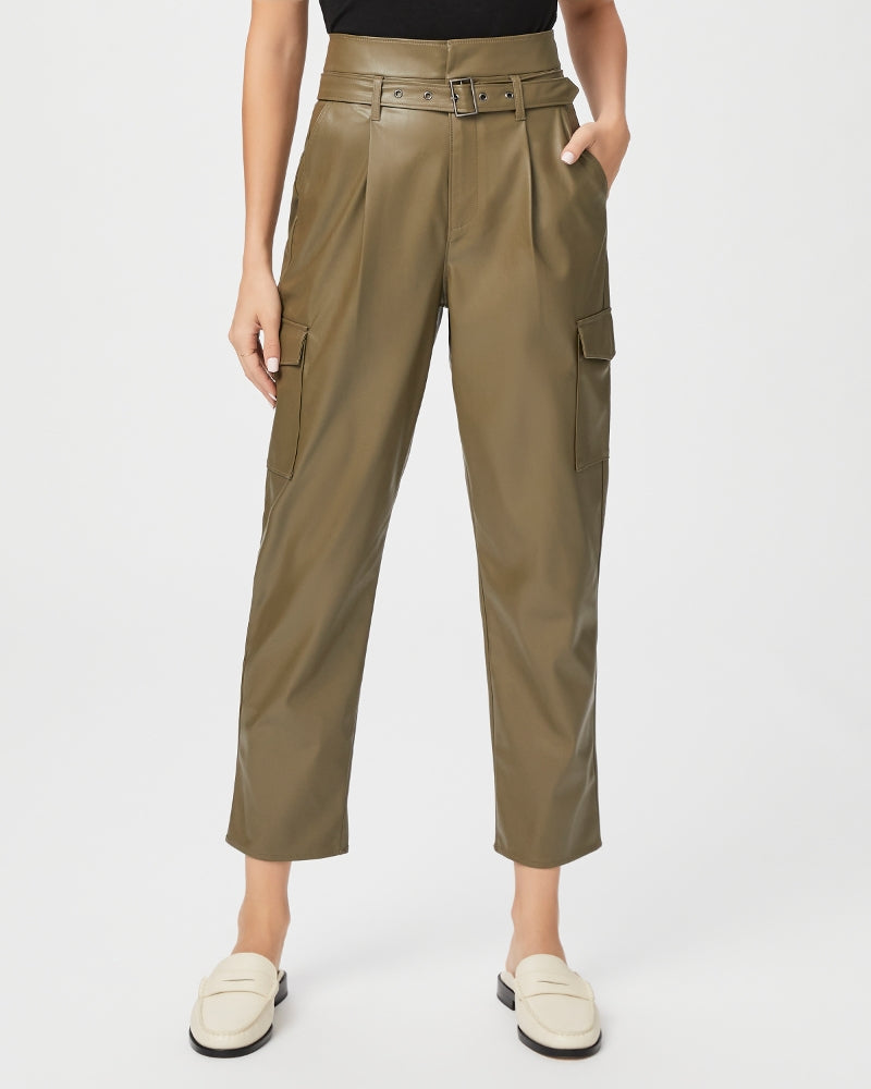 Paige Tesse Pant in Army Faux Leather – back view