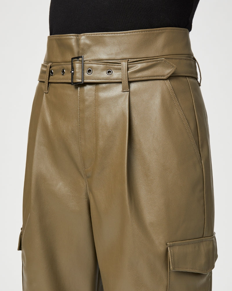 Paige Tesse Pant in Army Faux Leather – flat lay