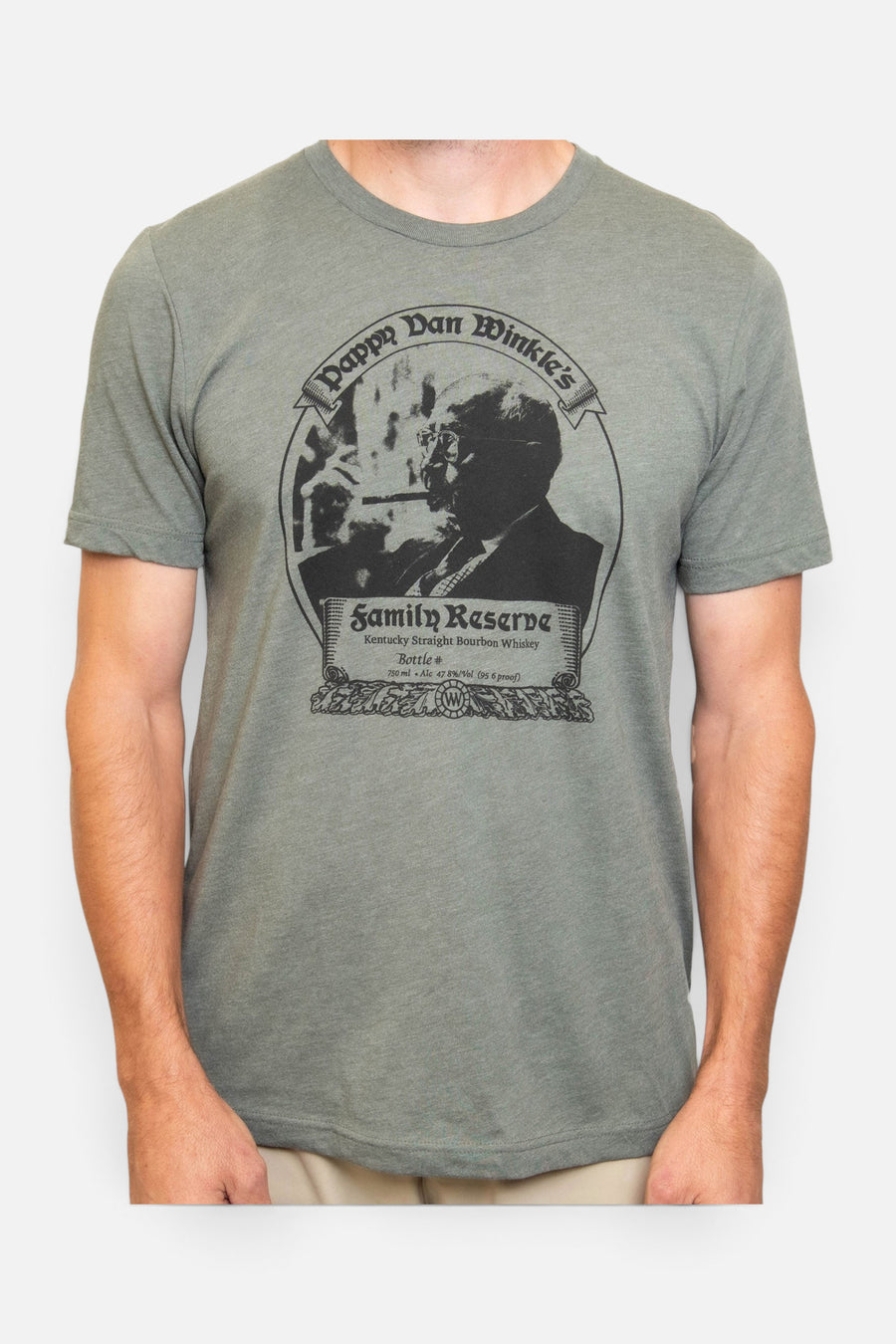 Pappy & Company 23-Year Pappy Bourbon Label T-Shirt in Olive – front view