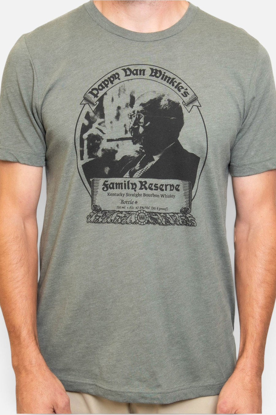Pappy & Company 23-Year Pappy Bourbon Label T-Shirt in Olive – front view