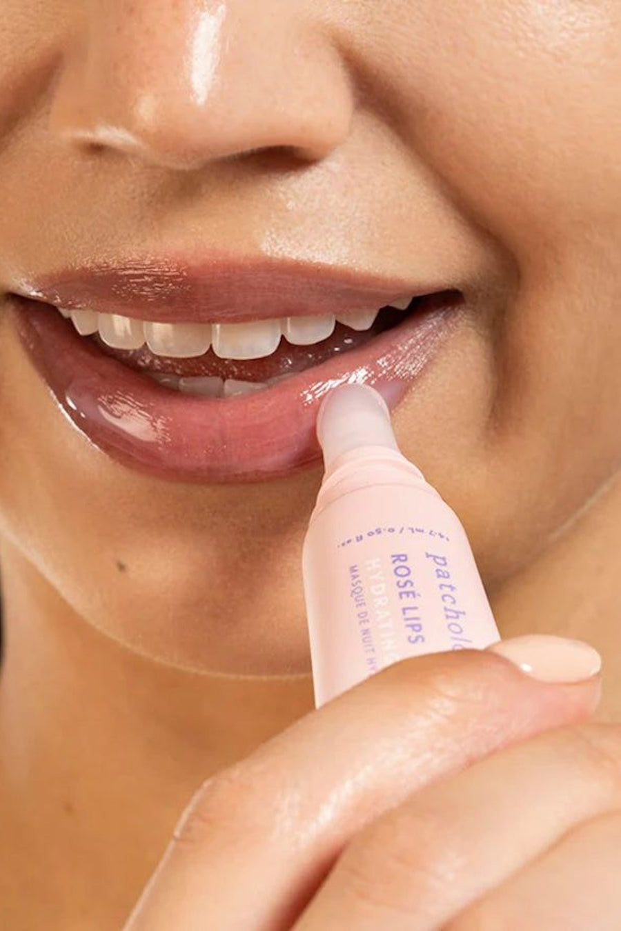 Patchology Rosé Lips Hydrating Lip Sleeping Mask – on model