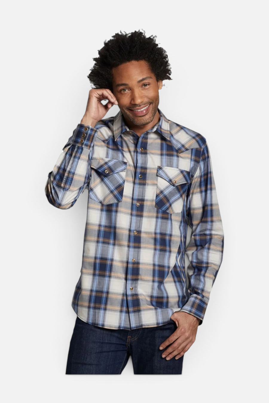 Pendleton Bishop Long Sleeve Shirt in Navy Plaid – front view