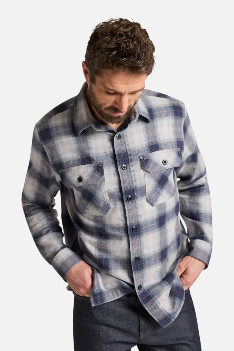 Pendleton Burnside Flannel Shirt in Grey & Navy – on model