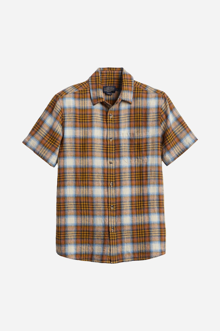 Pendleton Dawson Short Sleeve Linen Shirt in Adobe Tan Blue Plaid – side view