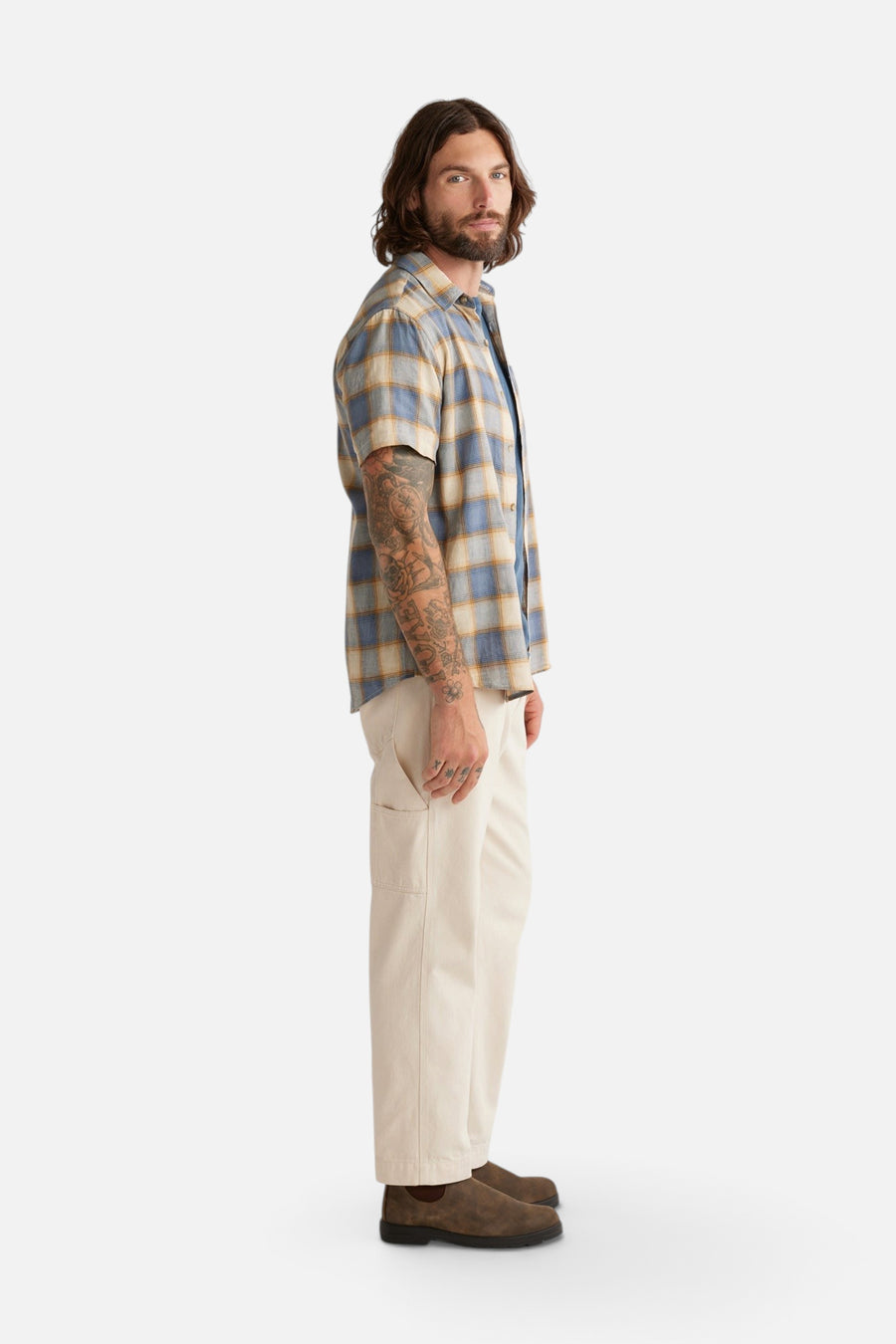 Pendleton Dawson Short Sleeve Linen Shirt in Tan Indigo Plaid – back view