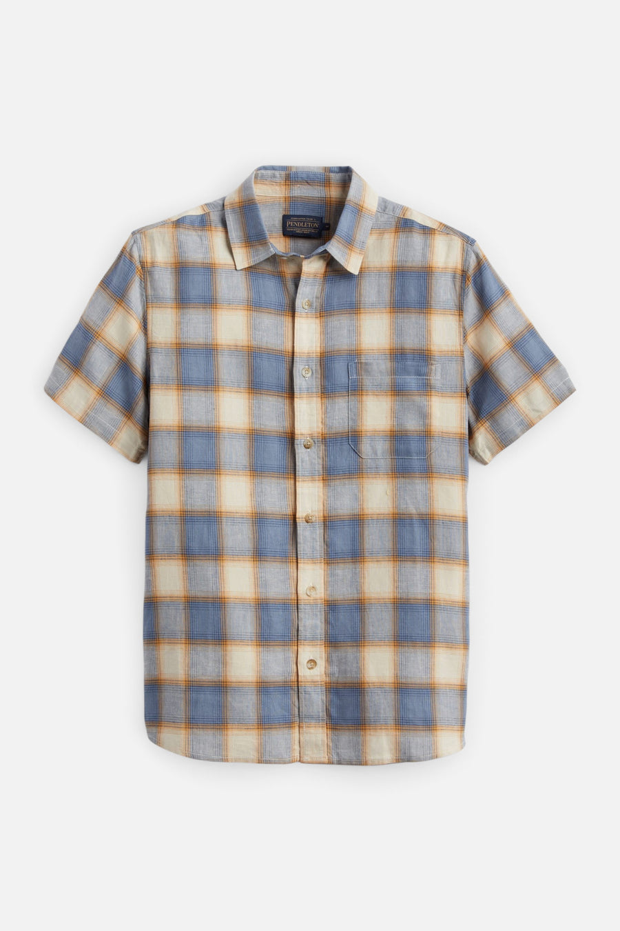 Pendleton Dawson Short Sleeve Linen Shirt in Tan Indigo Plaid – detail