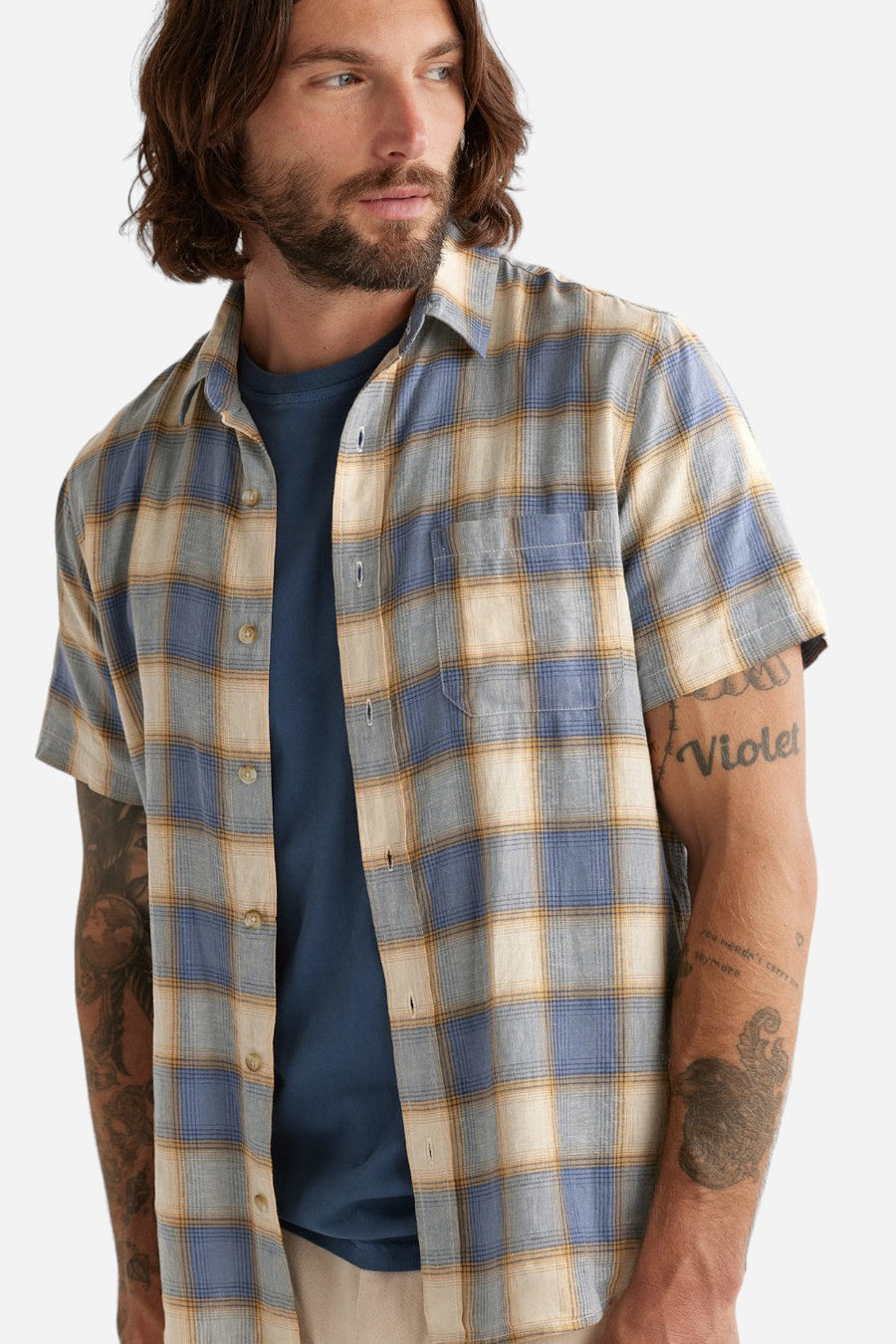 Pendleton Dawson Short Sleeve Linen Shirt in Tan Indigo Plaid – front view