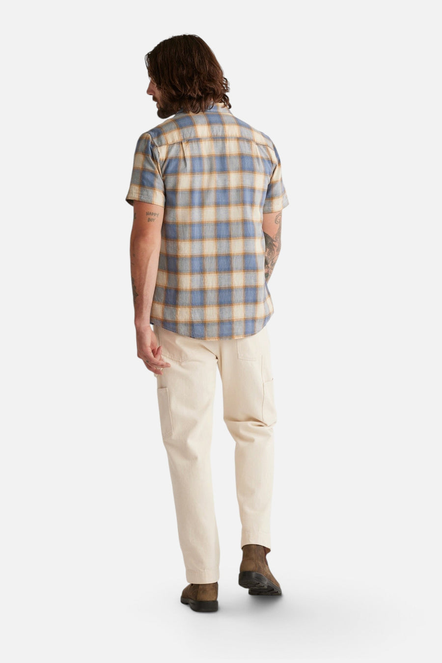 Pendleton Dawson Short Sleeve Linen Shirt in Tan Indigo Plaid – on model