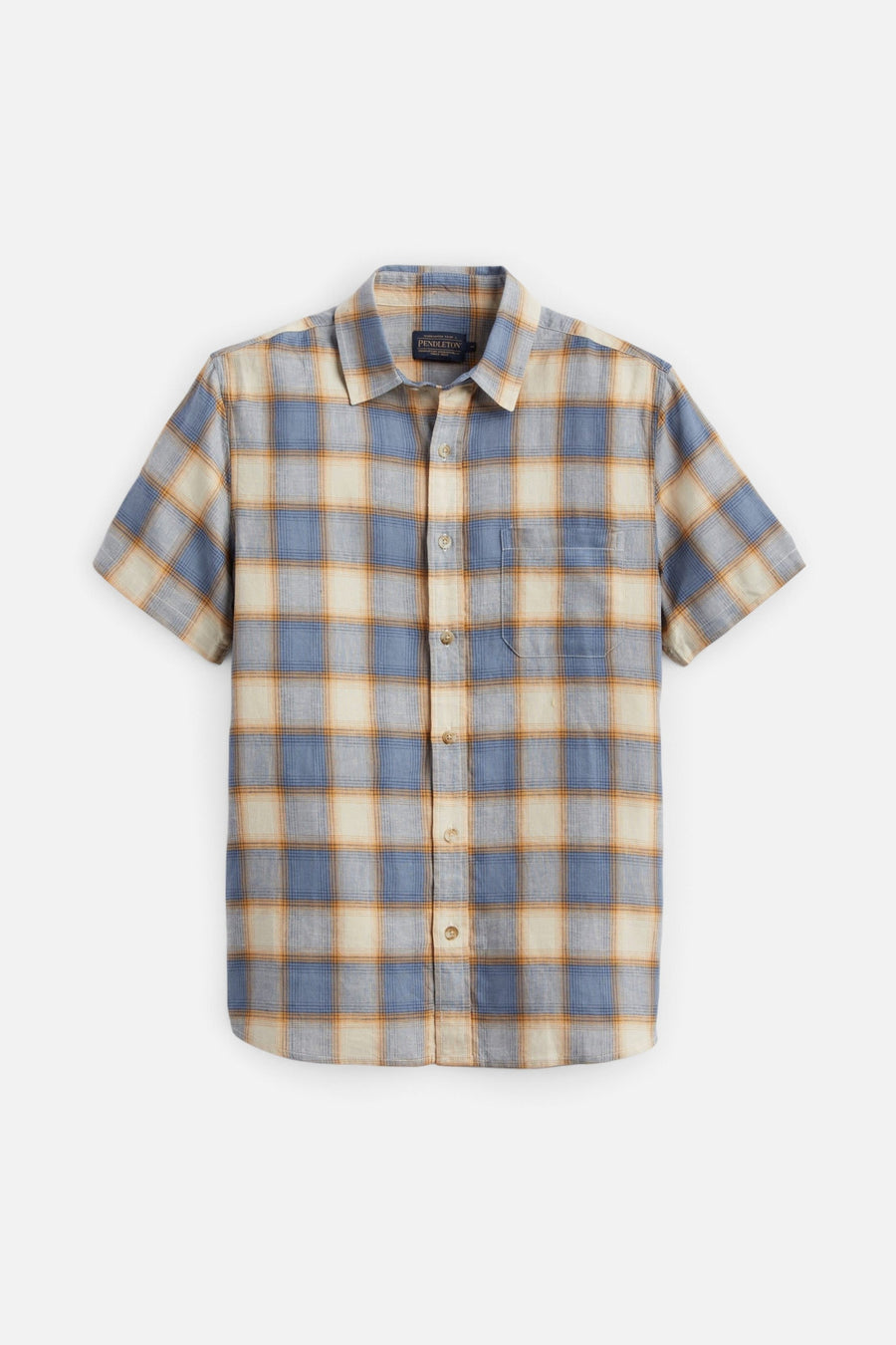 Pendleton Dawson Short Sleeve Linen Shirt in Tan Indigo Plaid – front view
