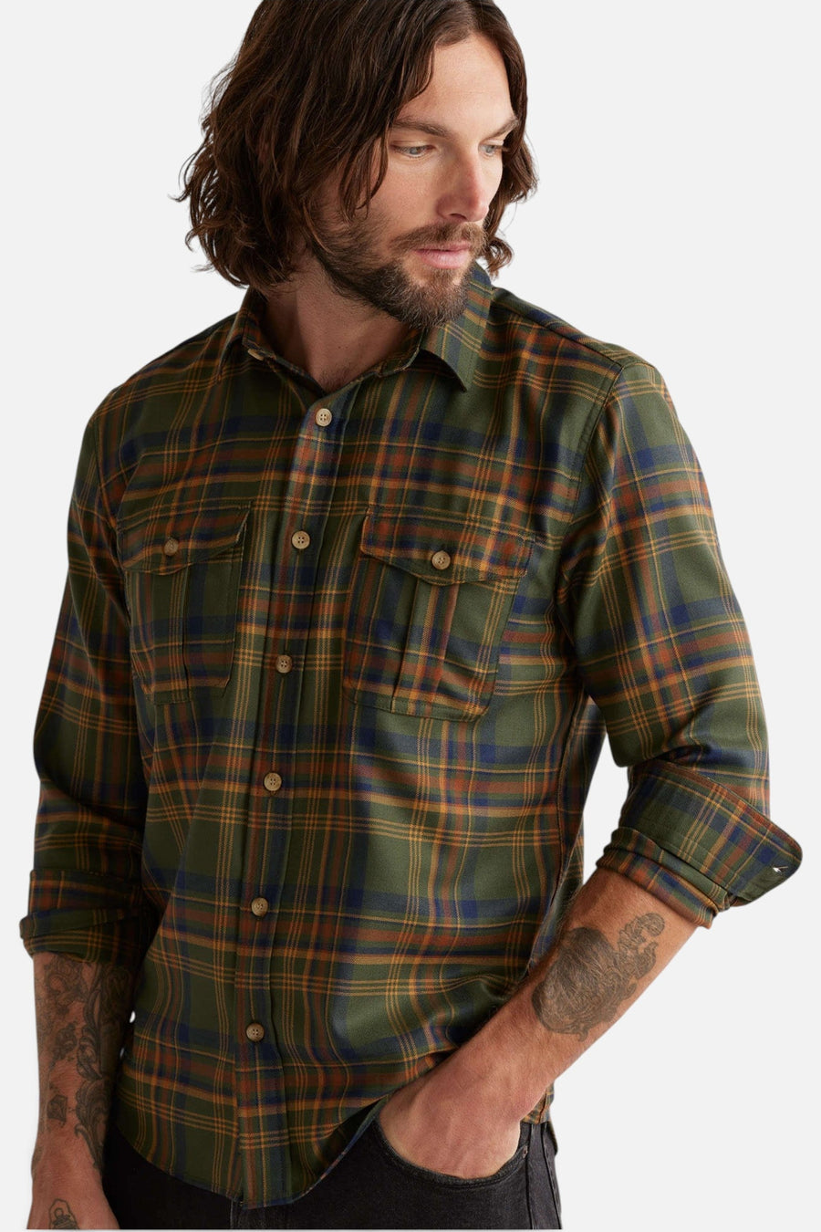 Pendleton Harrison Merino Shirt in Green Gold Plaid – detail