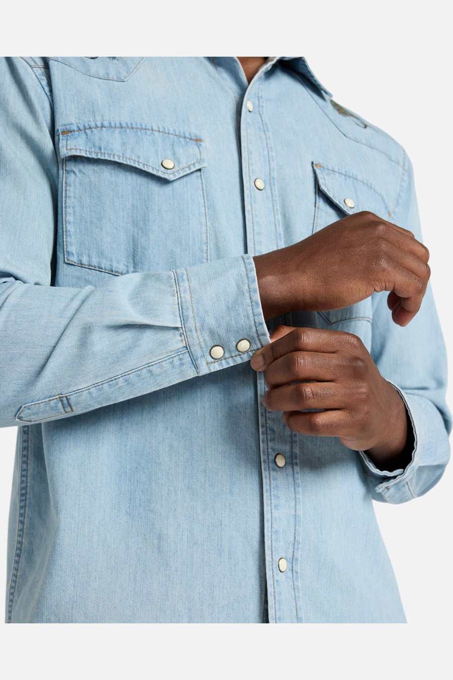 Pendleton Salmon Embroidered Denim Gambler Shirt – flat lay