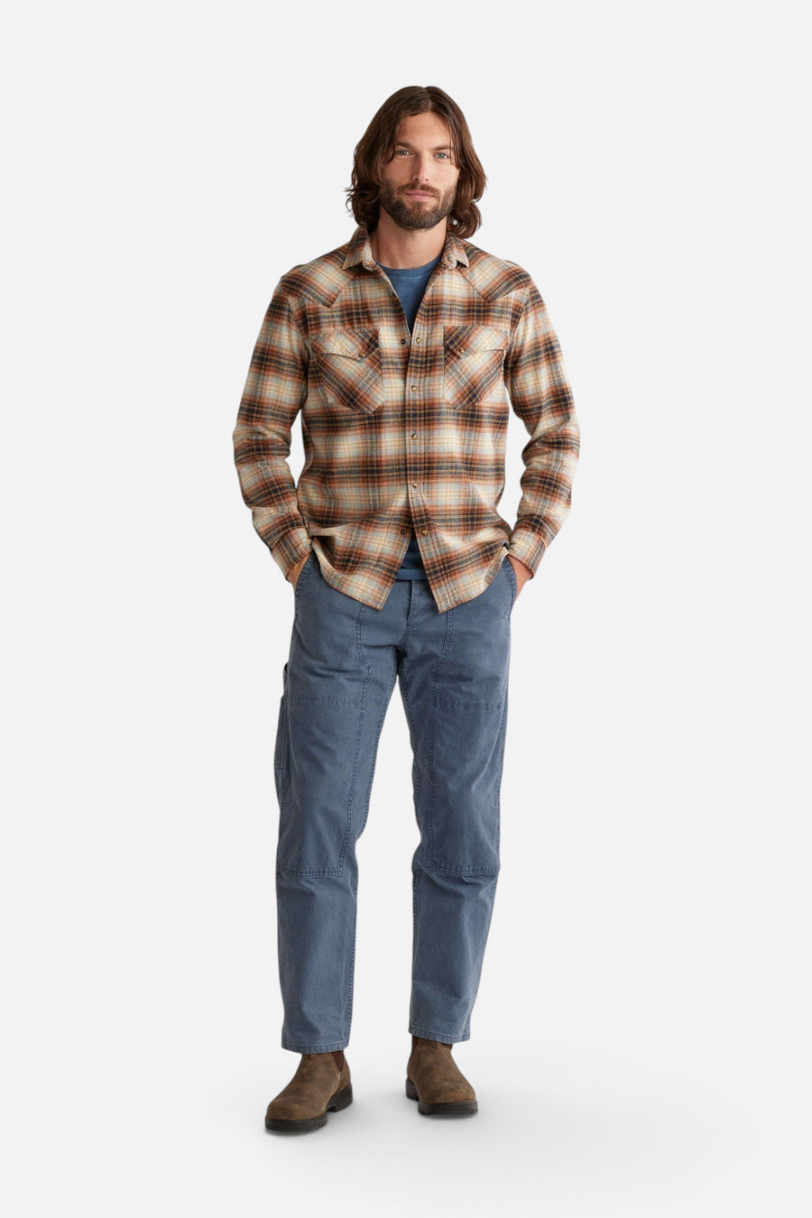Pendleton Wyatt Shirt in Ochre Navy Gold Plaid – detail