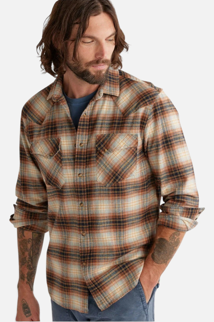 Pendleton Wyatt Shirt in Ochre Navy Gold Plaid – front view