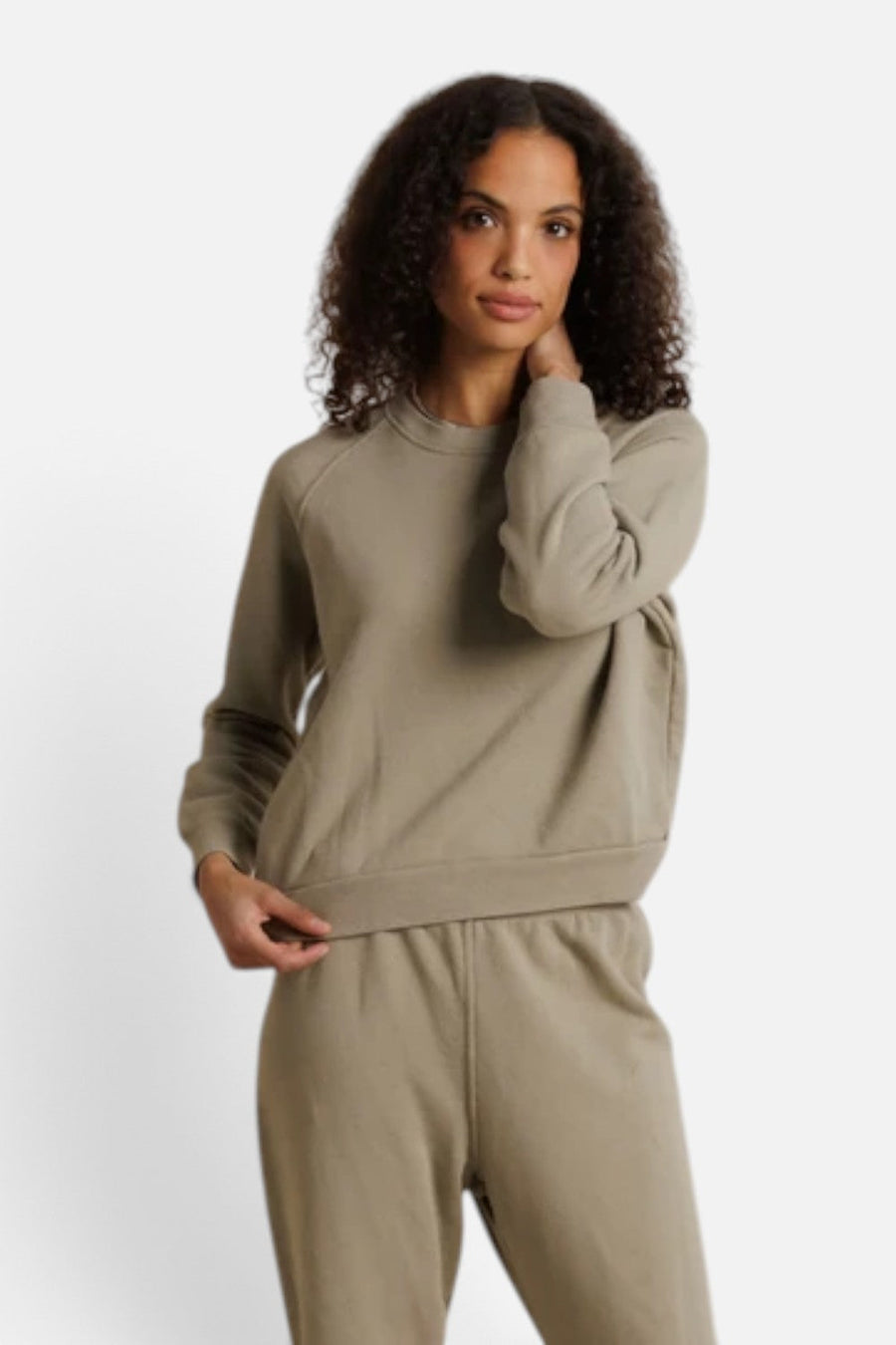 Perfect White Tee Alexi Speckled Terry Sweatshirt in Dark Olive – flat lay