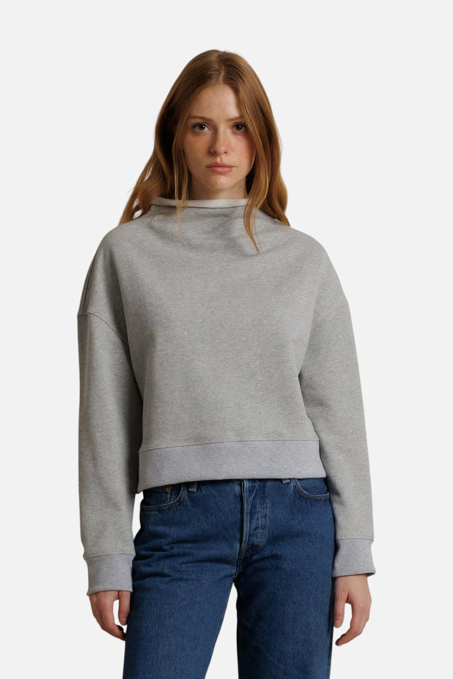 Perfect White Tee Arden French Terry Mock Neck Sweatshirt in Heather Grey – front view