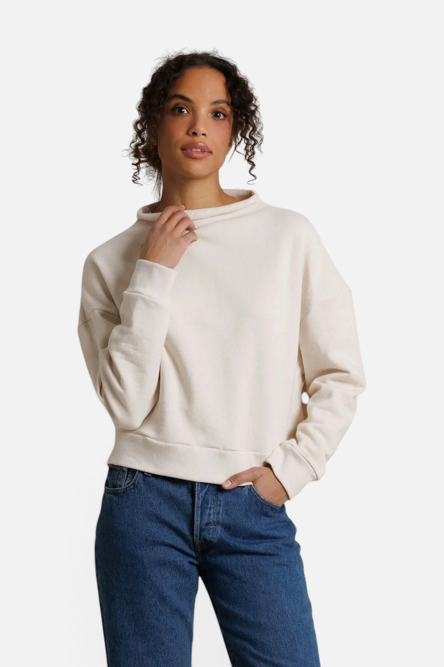 Perfect White Tee Arden French Terry Mock Neck Sweatshirt in Sugar – front view
