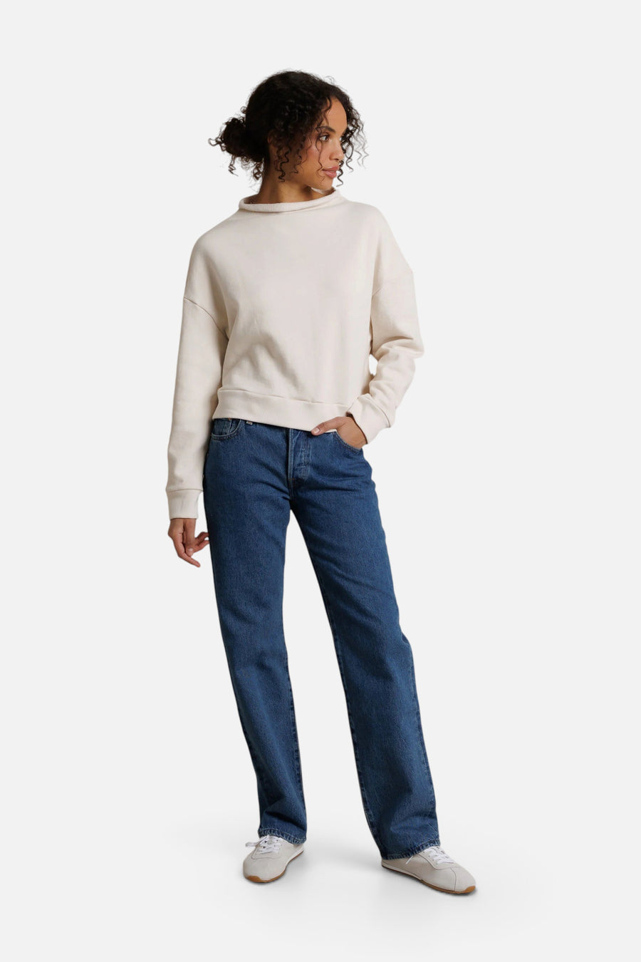 Perfect White Tee Arden French Terry Mock Neck Sweatshirt in Sugar – full length