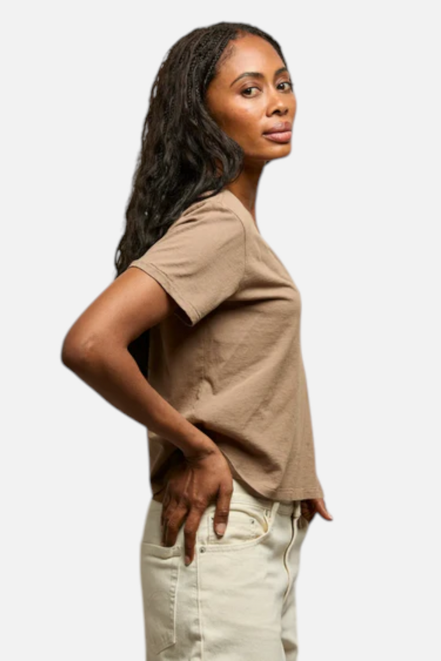 Perfect White Tee Beckett V Neck in Mocha – back view