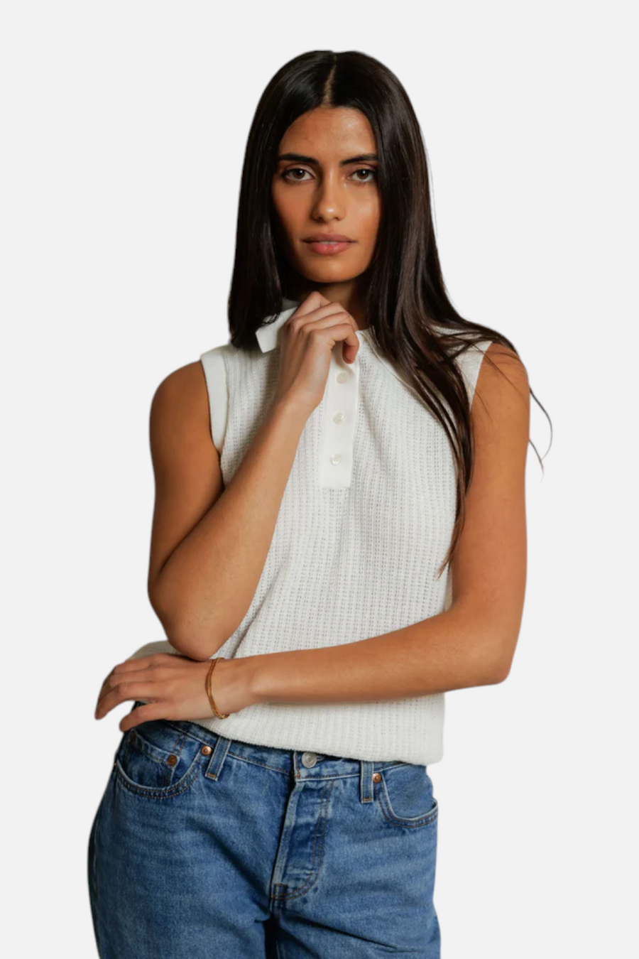 Perfect White Tee Fran Pointelle Collar Sleeveless Polo in White – back view
