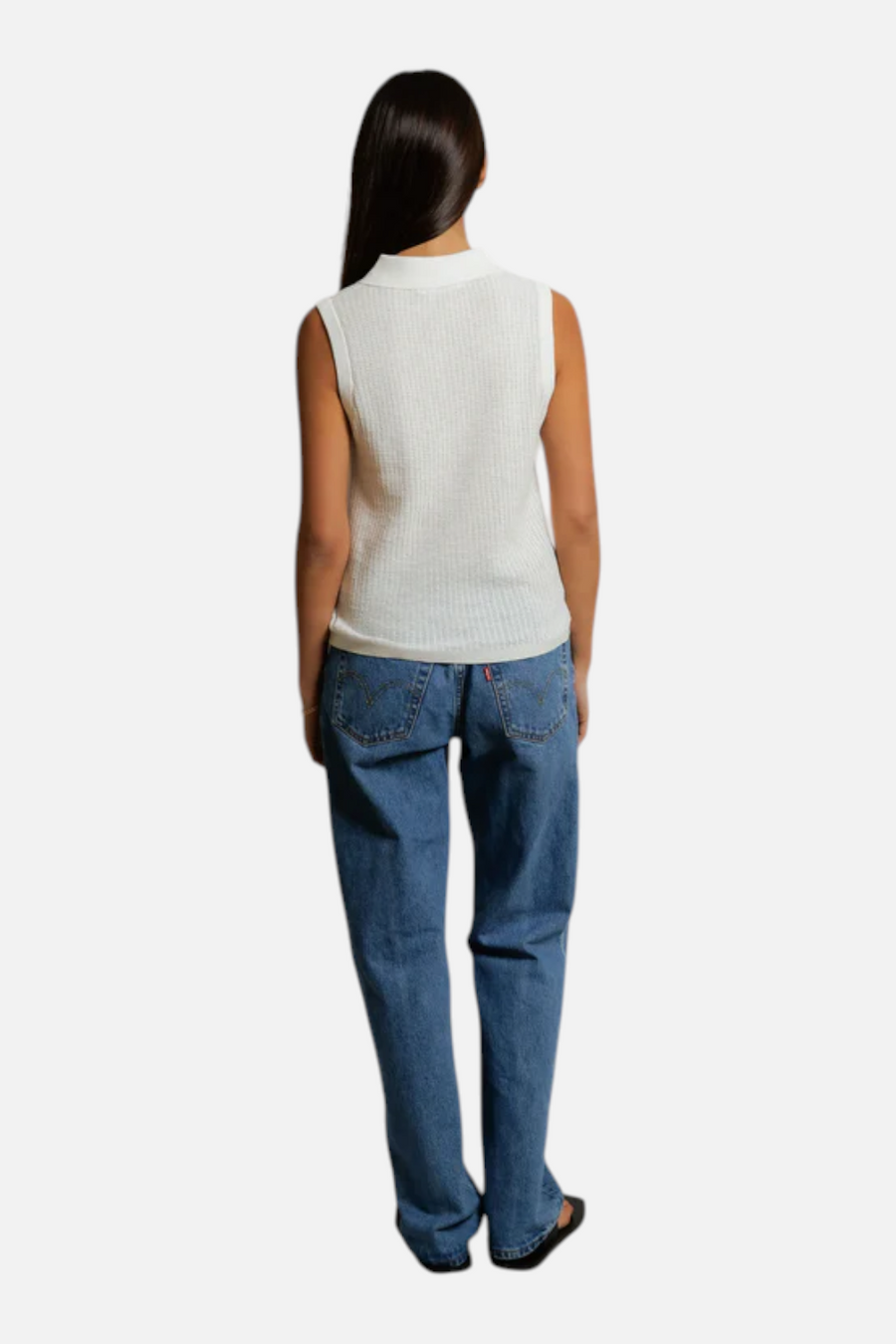 Perfect White Tee Fran Pointelle Collar Sleeveless Polo in White – detail