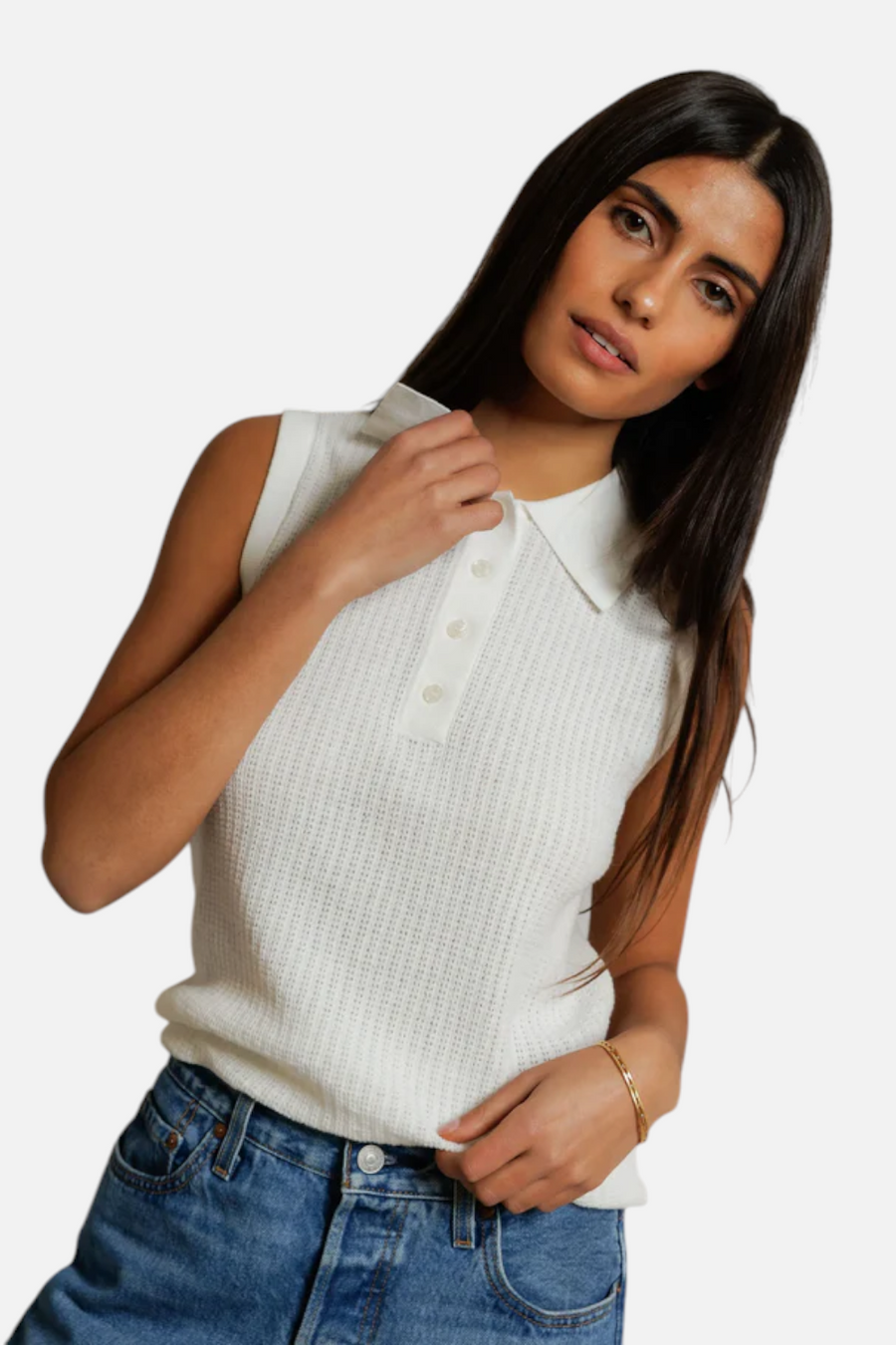 Perfect White Tee Fran Pointelle Collar Sleeveless Polo in White – flat lay