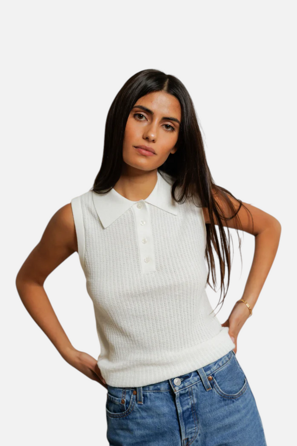 Perfect White Tee Fran Pointelle Collar Sleeveless Polo in White