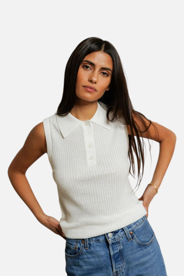Perfect White Tee Fran Pointelle Collar Sleeveless Polo in White