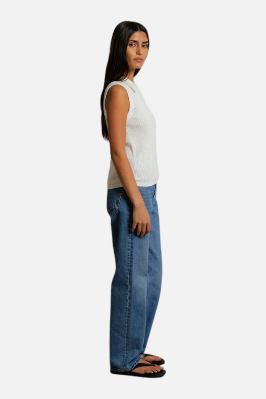 Perfect White Tee Fran Pointelle Collar Sleeveless Polo in White – side view