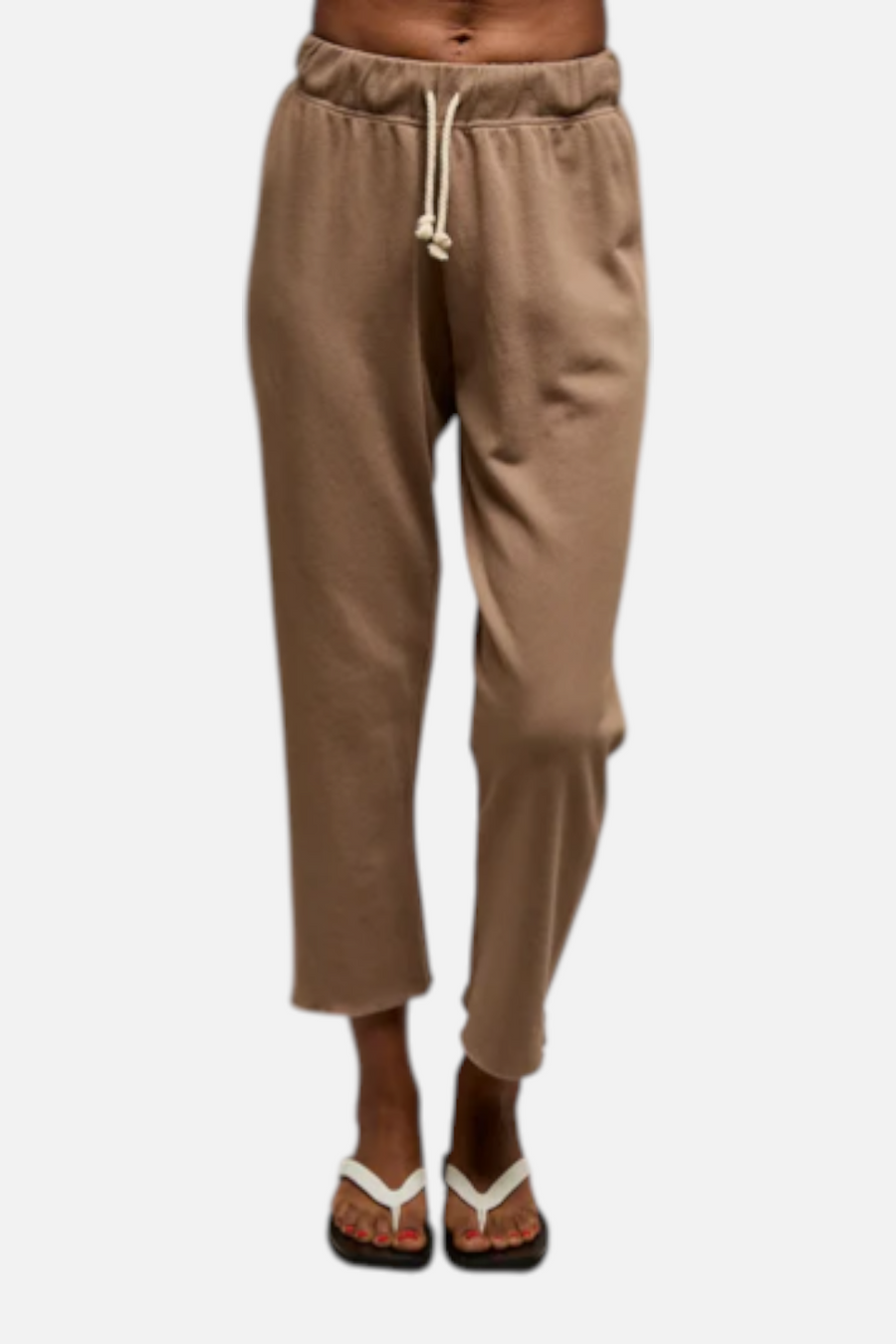 Perfect White Tee Jamaica Beach Fleece Capri Pant in Mocha – back view