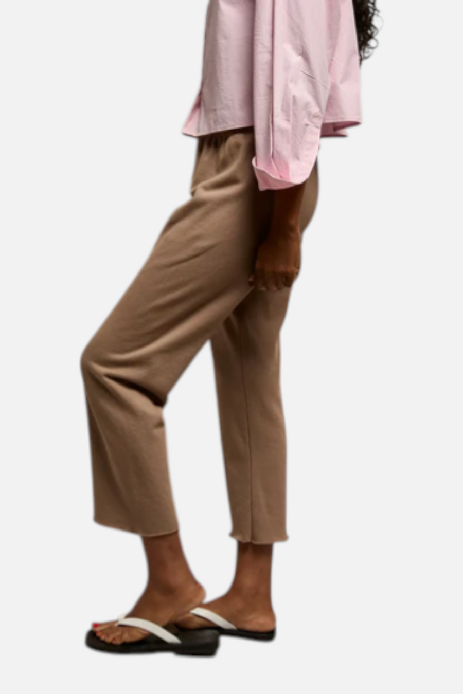 Perfect White Tee Jamaica Beach Fleece Capri Pant in Mocha – side view