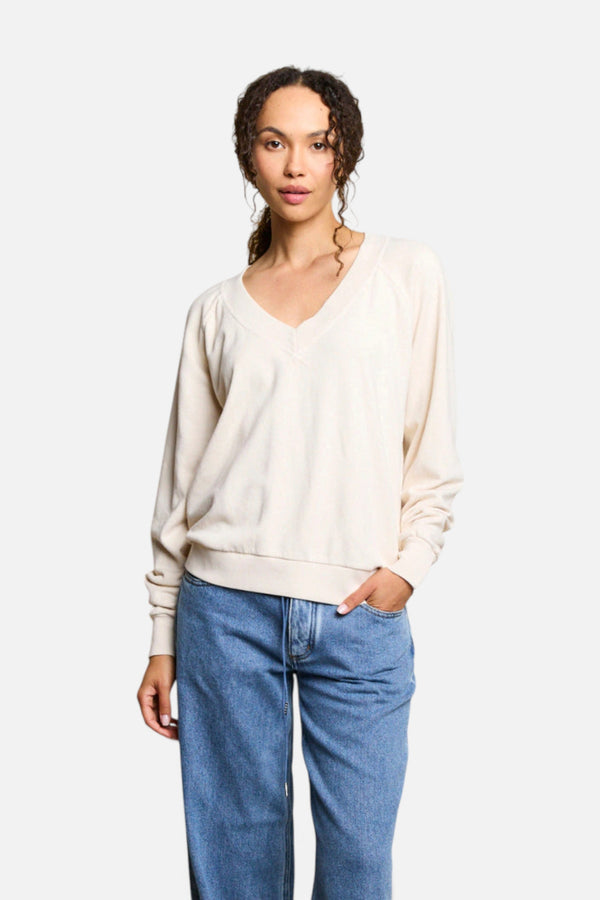 Perfect White Tee Sinead French Terry Slit V-Neck Pullover in Sugar