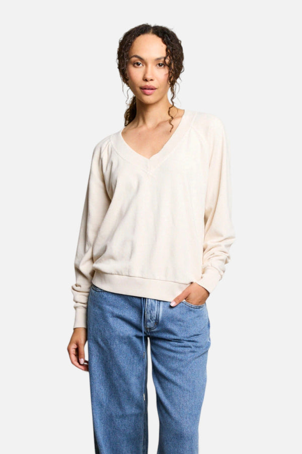 Perfect White Tee Sinead French Terry Slit V-Neck Pullover in Sugar