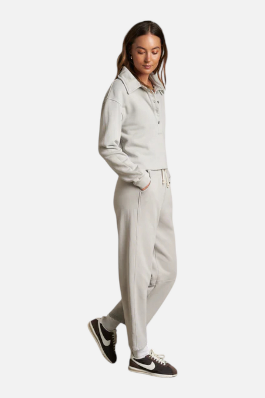 Perfect White Tee Women's Vinny Fleece Henley Cropped Sweatshirt in Silver – back view
