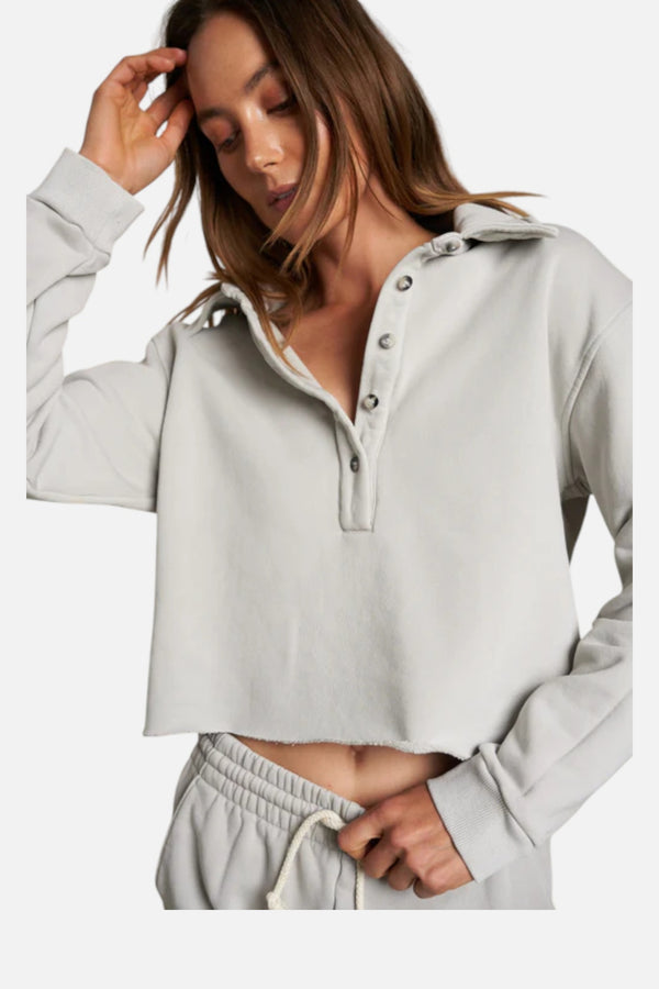 Perfect White Tee Women's Vinny Fleece Henley Cropped Sweatshirt in Silver