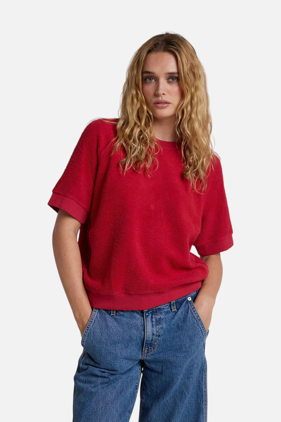 Perfect White Tee Ziggy Short Sleeve Sweatshirt in True Red – front view