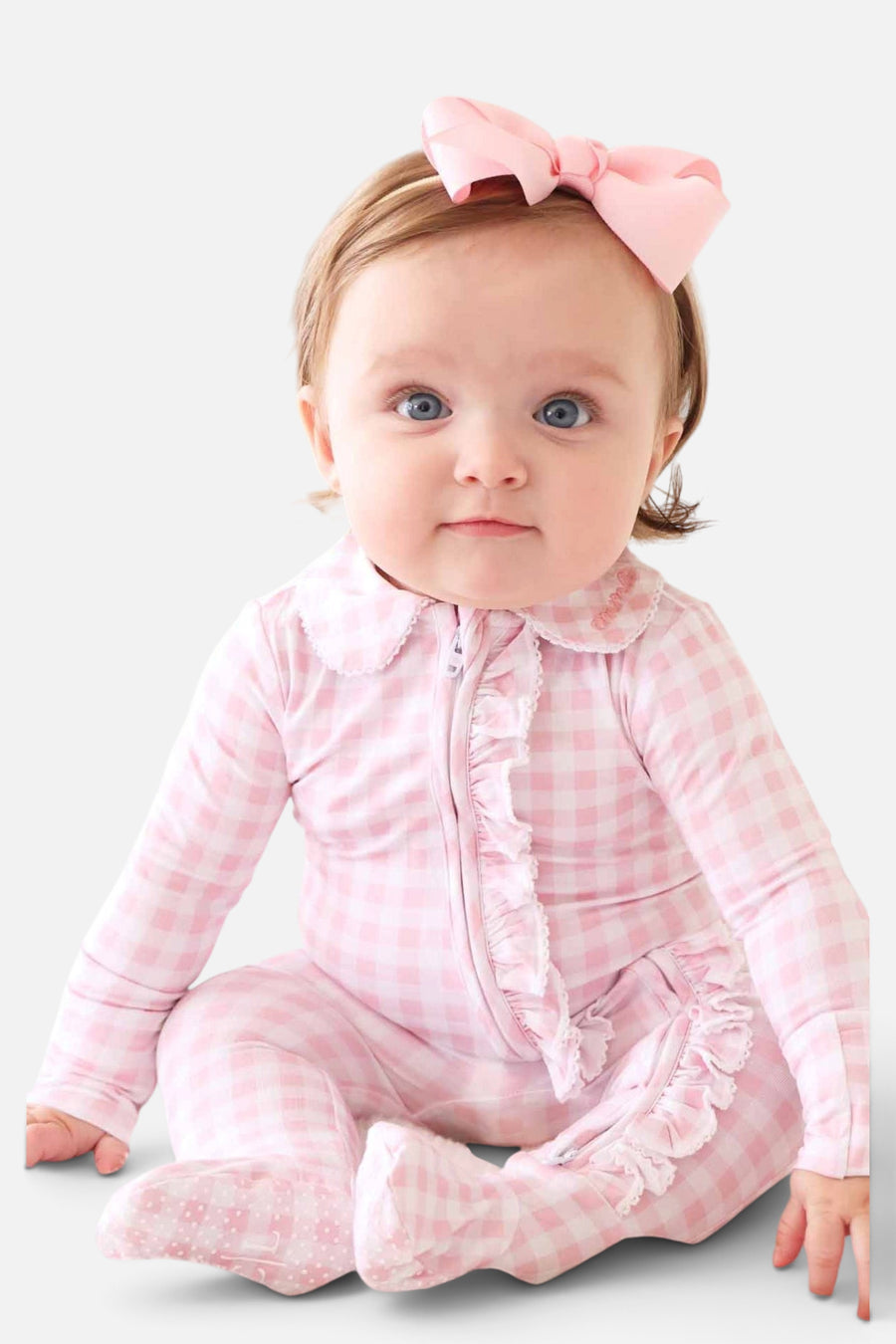 Peter Pan Collar Ruffle Zipper Footie in Rosy Gingham – back view