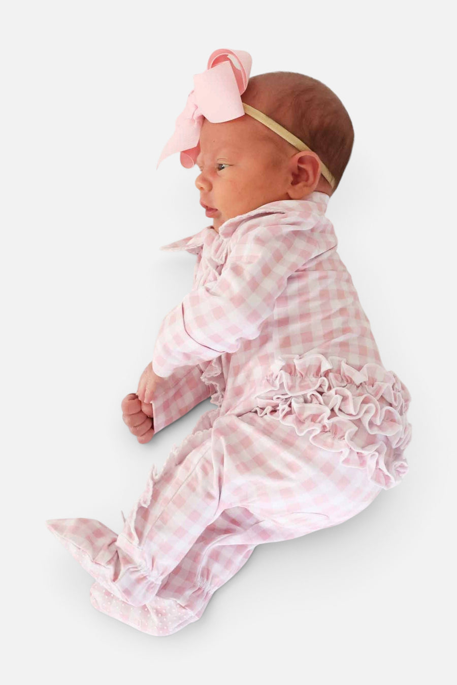 Peter Pan Collar Ruffle Zipper Footie in Rosy Gingham – detail