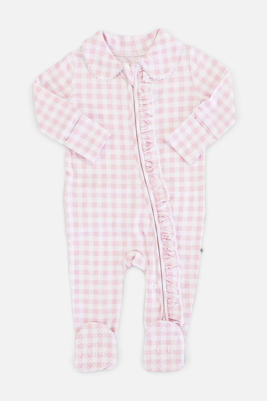 Peter Pan Collar Ruffle Zipper Footie in Rosy Gingham – front view